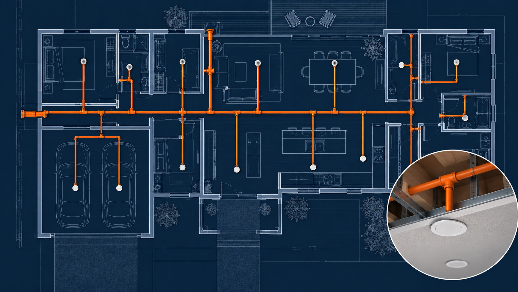 Architectural fire sprinkler design layout showing orange CPVC pipework and concealed sprinkler positions